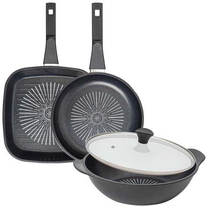 인터쿡 클래식 후라이팬 세트 4개, 블랙, 1세트, 27cm 사각팬 + 24cm 후라이팬 + 28cm 파티웍 + 유리뚜껑