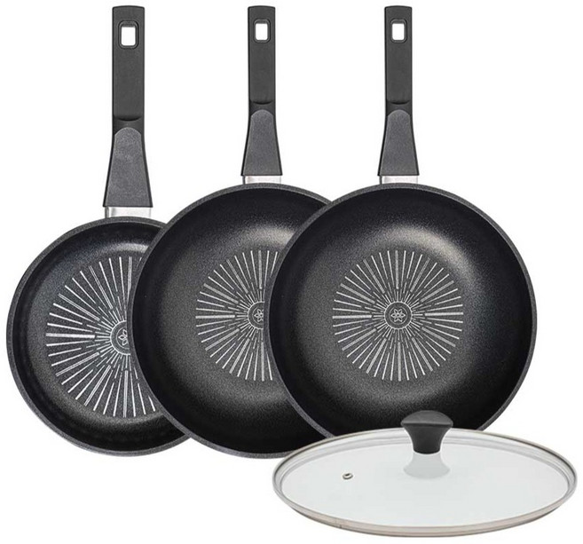 인터쿡 클래식 후라이팬 세트 4개, 블랙, 1세트, 20cm 후라이팬 + 28cm 궁중팬 + 28cm 궁중팬 + 유리뚜껑