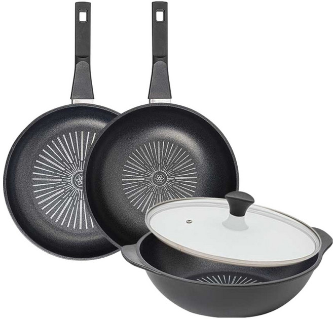 인터쿡 클래식 후라이팬 세트 4개, 블랙, 1세트, 28cm 후라이팬 + 28cm 궁중팬 + 28cm 파티웍 + 유리뚜껑