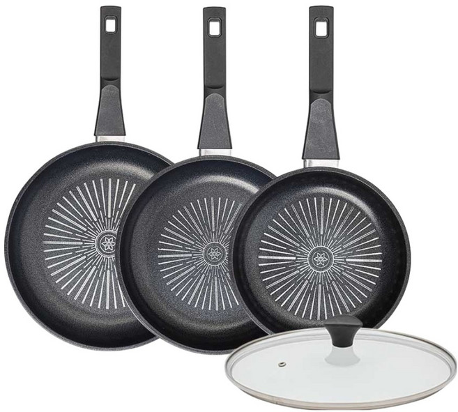 인터쿡 클래식 후라이팬 세트 3개, 블랙, 1세트, 후라이팬 28cm + 후라이팬 24cm + 후라이팬 20cm + 유리뚜껑