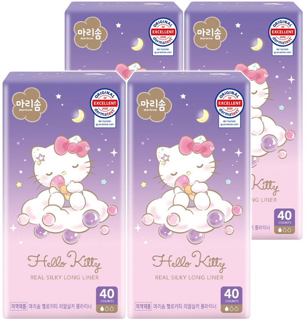 마리솜 헬로키티 리얼실키 팬티라이너, 롱, 40개입, 4개