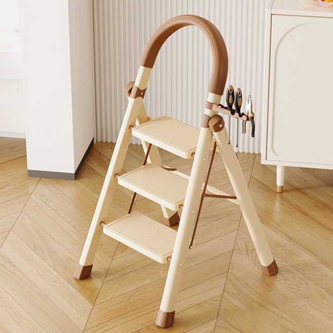 안전하고 튼튼한 가정용 접이식 다용도 작업 캠핑 사다리 3단, 크림화이트, 1개