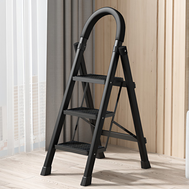 안전하고 튼튼한 가정용 접이식 다용도 작업 캠핑 사다리 3단, 블랙, 1개