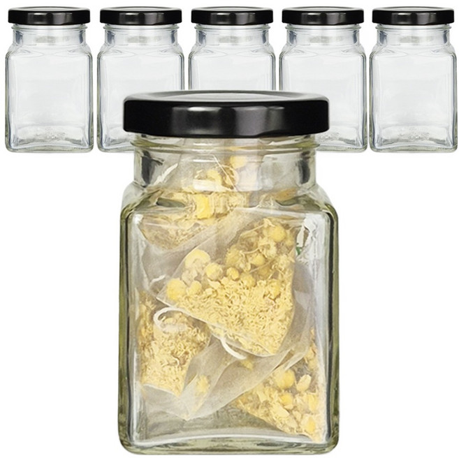 미르코리아 사각 밀폐용기 허브러그 유리병 블랙 150ml 6p + 네이밍 스티커 8p 세트, 1세트