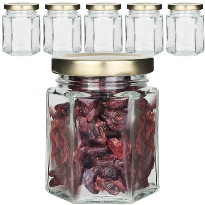 미르코리아 육각 밀폐용기 150 유리병 골드 120ml 6p + 네이밍 스티커 8p 세트, 1세트