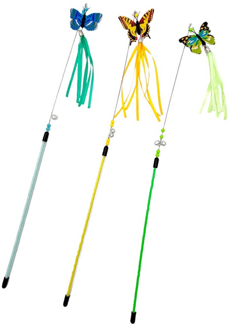 둥둥펫 고양이 플라잉 나비 낚시대 3종 세트, 블루, 그린, 옐로우, 1세트