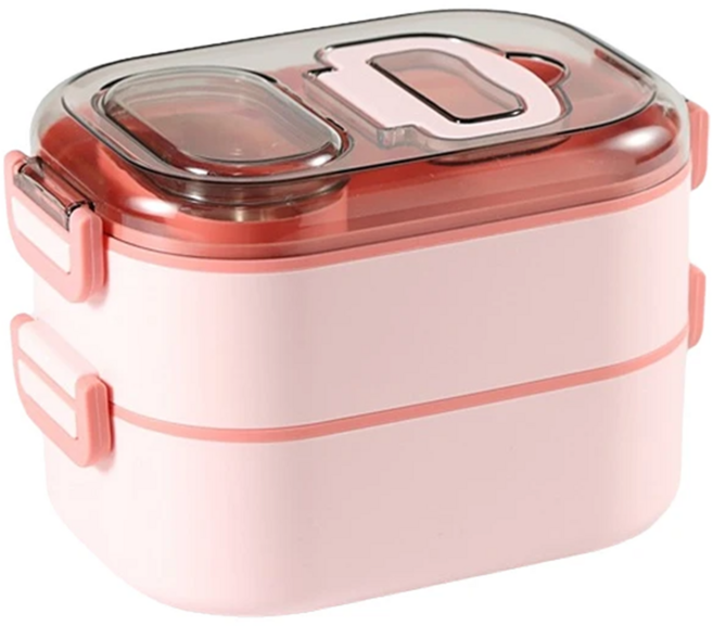 couselect 日式304不鏽鋼雙層便當盒/可微波分隔飯盒 700ml + 400ml, 粉色, 1個