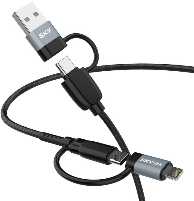 SKY 비트 60W 4 in 1 고속충전 480Mbps 단선 방지 패브릭 케이블, 블랙, 1개, 2m