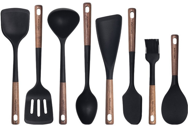 벨라쿠진 월넛우드 실리콘 조리도구 키친툴 8종 세트, 조리도구 8종, 블랙, 1세트
