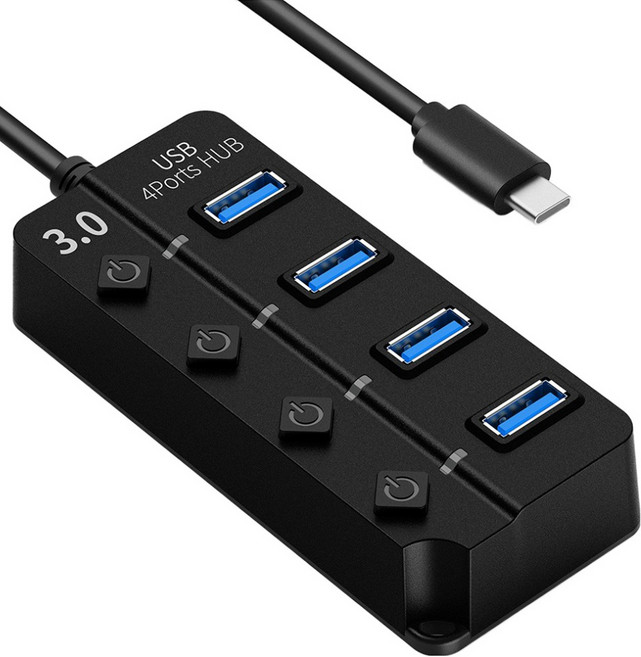 구스페리 USB 3.0 C타입 개별스위치 무전원 4포트 멀티허브 1m, 블랙, 1개