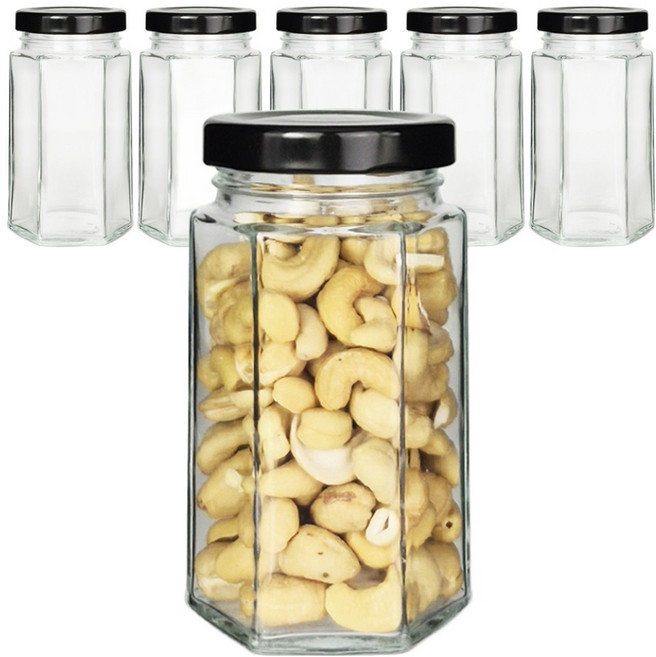 미르코리아 유리 육각 밀폐용기 250ml x 6p + 캡 블랙 6 p + 네이밍 스티커 8p 세트, 1세트