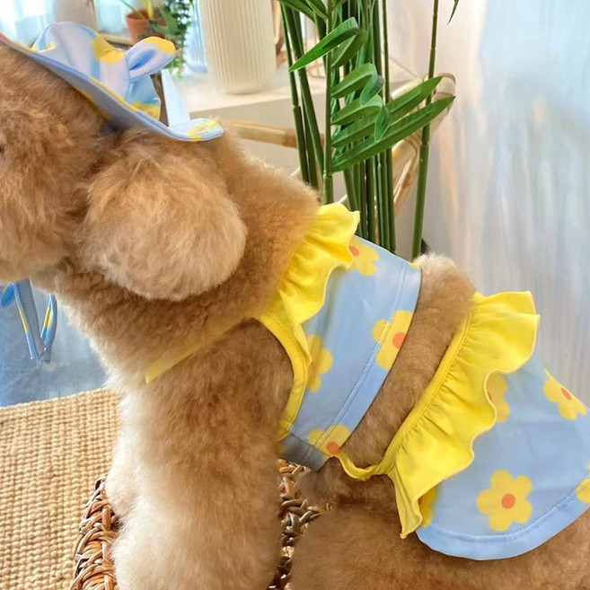 알럽펫 강아지 레이 플라워 원피스 수영복 + 모자 세트, 블루, 1세트