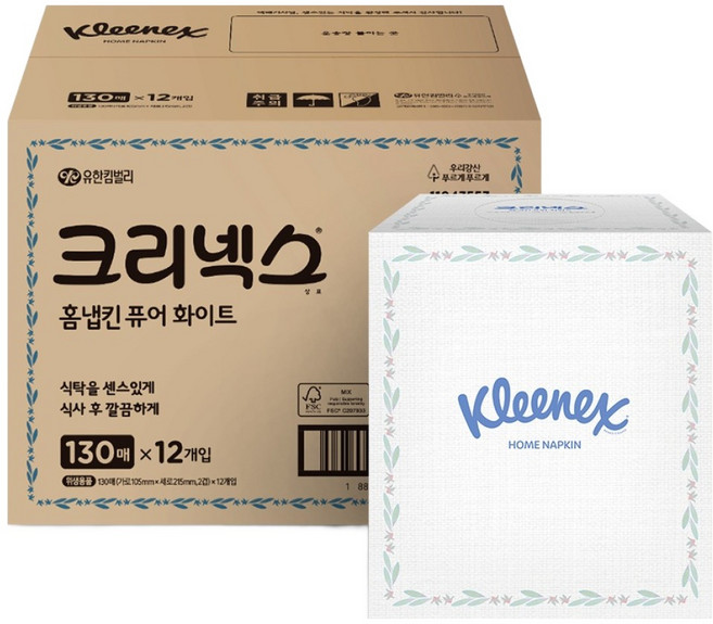 크리넥스 홈냅킨 천연펄프 키친타올 퓨어화이트, 12개, 130매