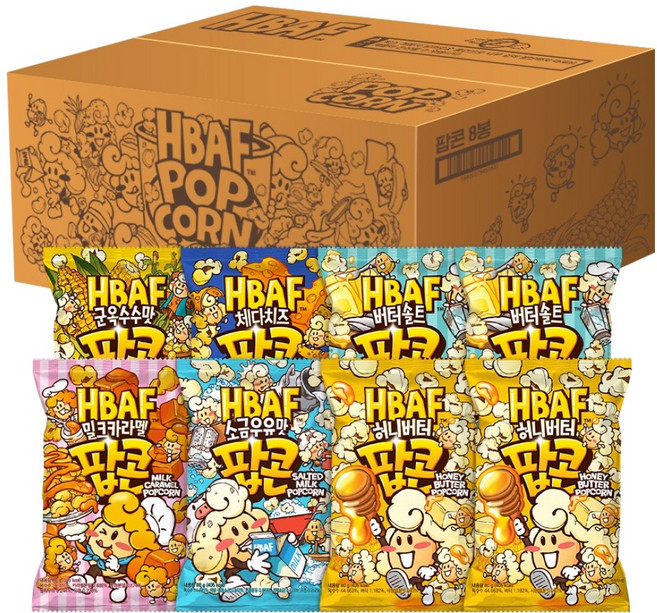 바프 팝콘 허니버터 2p + 버터솔트 2p + 밀크카라멜 + 소금우유맛 + 군옥수수맛 + 체다치즈 세트, 1세트