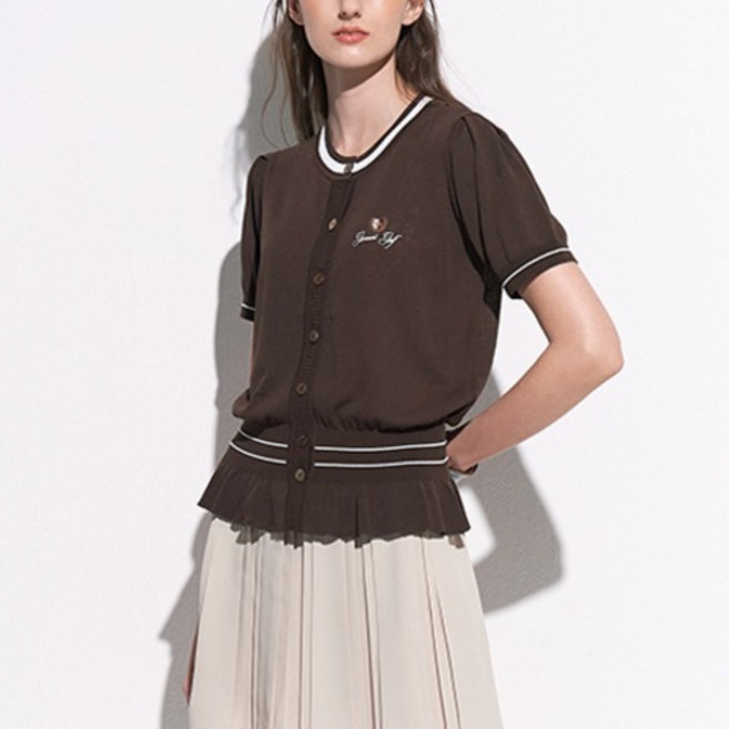 GARMENT GOLF 女款荷葉邊下擺圓領全開襟短袖針織開襟衫 GFKCD254