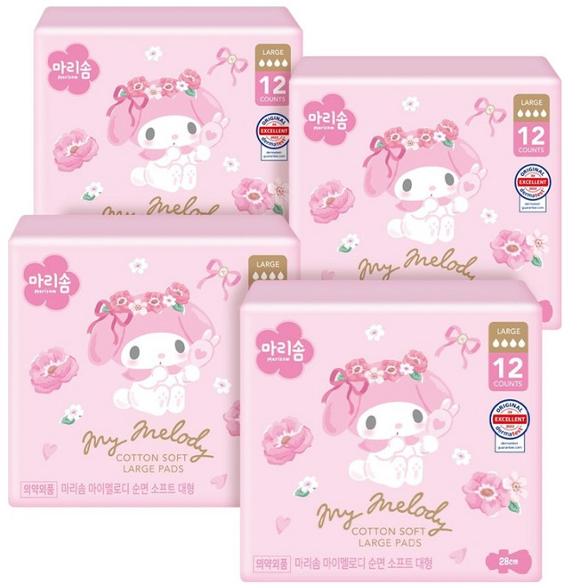 마리솜 마이멜로디 순면 소프트 생리대 날개형, 대형, 12개입, 4개