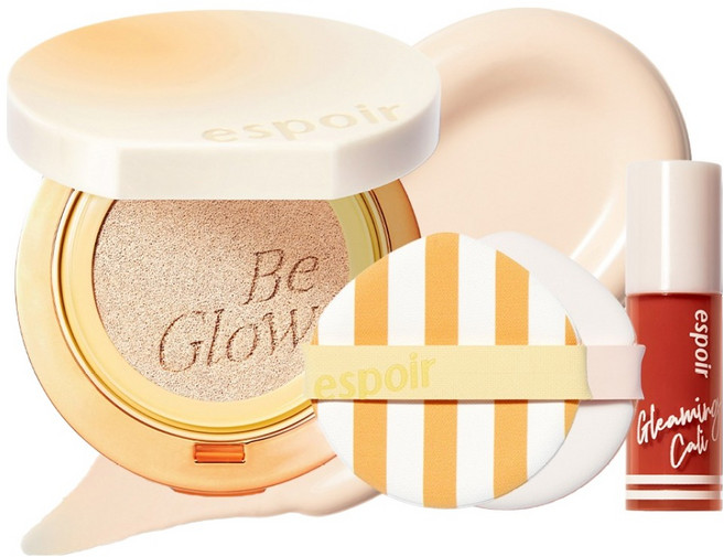 espoir 艾絲珀 Be Glow Volume晶鑽水光氣墊粉餅 SPF42 PA+++ 13g+粉撲 2入+光澤絲絨唇釉 2g組 Gleaming Cali Edition, 13 Porcelain, 1組