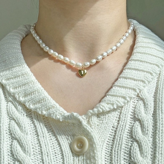 물든 여성용 하트 통통 펜던트 담수 진주 6mm 밥풀 목걸이