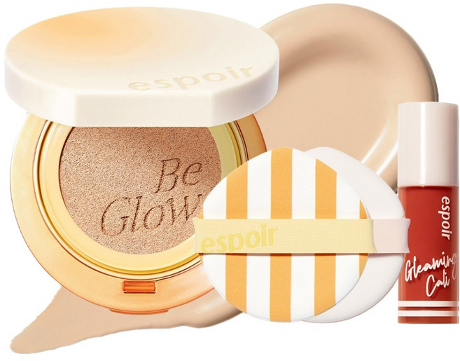 espoir 艾絲珀 Be Glow Volume晶鑽水光氣墊粉餅 SPF42 PA+++ 13g+粉撲 2入+光澤絲絨唇釉 2g組 Gleaming Cali Edition, 21 Ivory, 1組