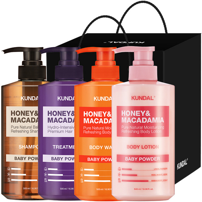 쿤달 샴푸 500ml + 트리트먼트 500ml + 바디워시 500ml + 바디로션 500ml 4구 선물세트 C 베이비파우더 + 쇼핑백 블랙, 1세트