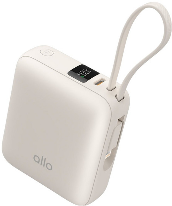 알로코리아 포켓 미니 2in1 고속충전 케이블 일체형 10000mAh 보조배터리 C타입 8핀 1008PD, 알로1008PD, 크림 아이보리