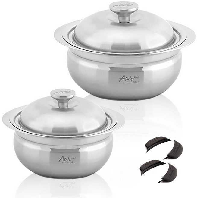 크로벨 애플팟 통5중 인덕션 스텐냄비 세트 6개, 양수냄비 14cm + 양수냄비 18cm + 실리콘핸들 4p, 1세트