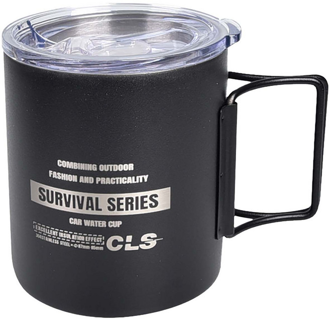 CLS 摺疊304不鏽鋼雙層杯 附杯蓋 320ml, 黑色, 1個