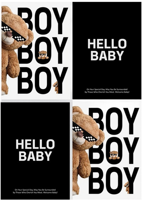 파티아일랜드 A4 곰돌이 베이비샤워 포스터 2종 x 2p 세트, 블랙 BOY, 1세트