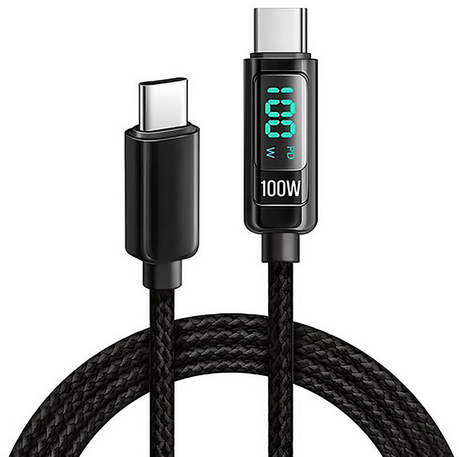 Home Planet Type-C-Type-C PD 100W 數位顯示快充傳輸線, 黑色, 2m, 1條