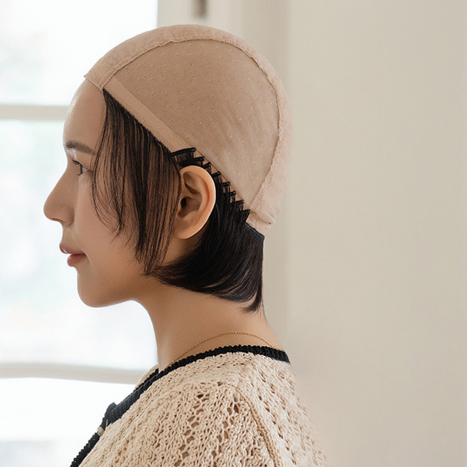 여성용 모자가발 인모 잔머리 언더캡, 베이지캡 내츄럴다크브라운, 1개