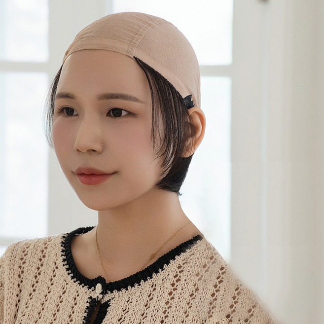 여성용 모자가발 인모 잔머리 언더캡, 베이지캡 내츄럴브라운, 1개