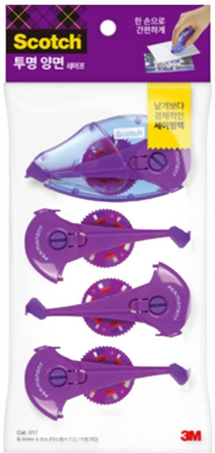 쓰리엠 스카치 투명 양면 테이프 017 디스펜서 8.4mm x 8m + 리필 3p 세트, 혼합색상, 1세트