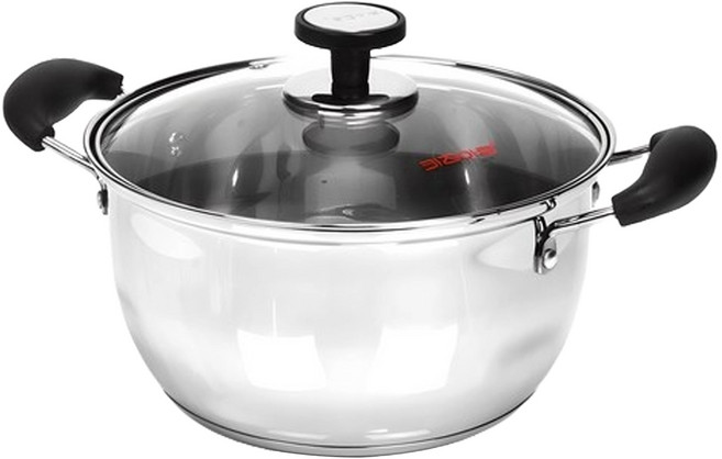 Kitchen-Art 不鏽鋼雙耳湯鍋 附鍋蓋 電磁爐不適用, 24cm, 銀色 + 黑色 + 透明色, 1個
