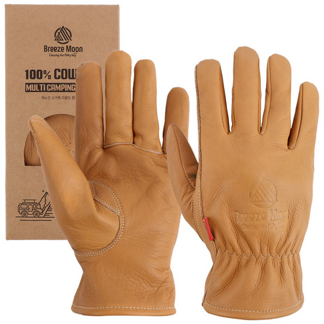 브리즈문 제뉴인 레더 소가죽 캠핑 아웃도어 바베큐 화로대 장갑 양손착용 세트 탄 베이지, 1세트
