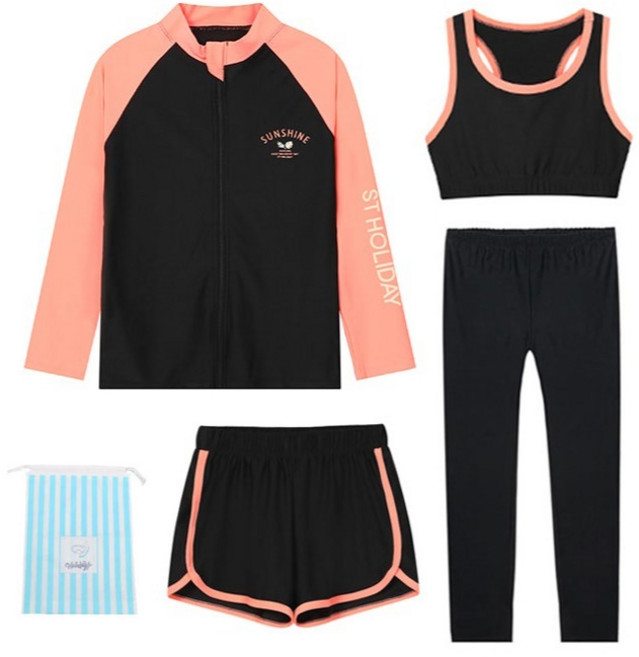 에스티홀리데이 여아용 집업 래쉬가드 상의 + 이너탑 + 반바지 + 워터레깅스 + 비치백 세트 C255-08