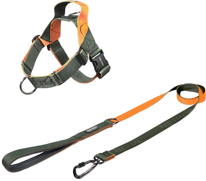 분독 강아지 오리지널리쉬 카라비너 리드줄 + 0109 하네스 세트, 카키오렌지, 1세트