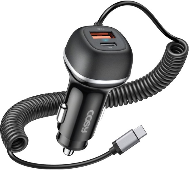 COSY 71W Type-C 彈簧線超高速點菸器車用 PD QC3.0 3埠充電器, 黑色, CGR4145AT
