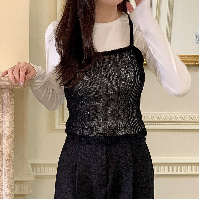 여성용 시론 시스루 골지 니트 뷔스티에 레이어드 끈나시