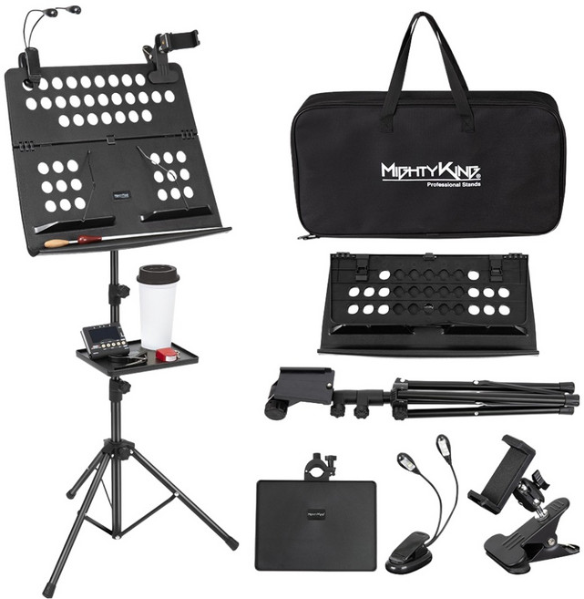 MIGHTY KING 4合1可對折2段式樂譜架 托盤 照明 手機支架套組 MUS355, 1套, 黑色