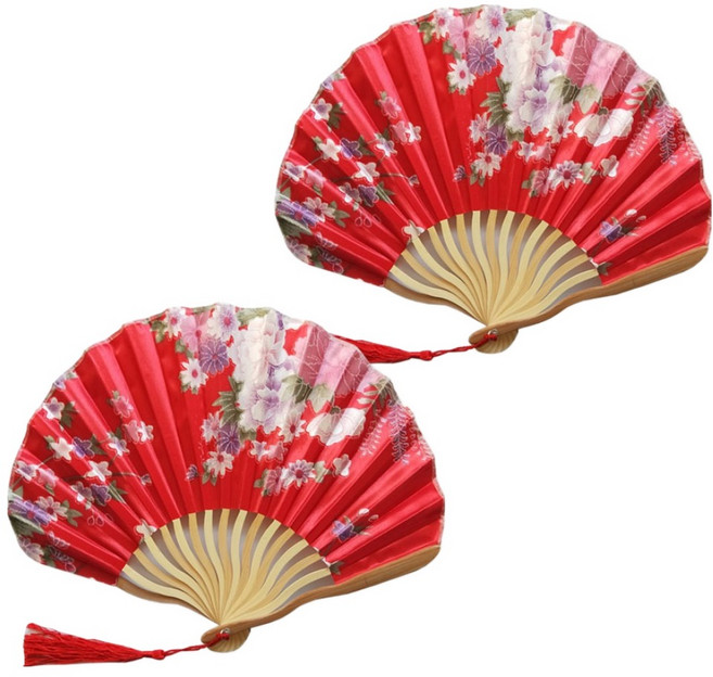 휴대용 플라워 접이식 부채, 레드, 2개