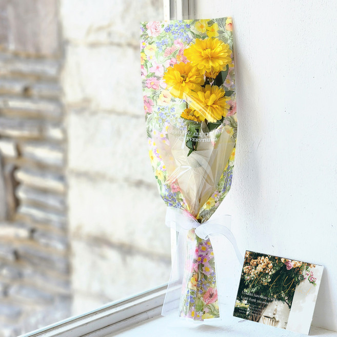 아스파시아 조화 루나 금잔화 실크 플라워 꽃다발 + 감사 메시지 카드 + 쇼핑백 세트, 옐로우, 1세트