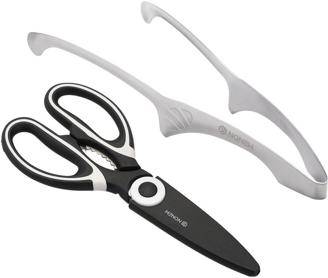 노뉴 캠핑주방 스테인리스 다용도 가위 + 라운드형 요리집게 세트, 블랙 + 화이트(가위), 실버(집게), 1세트, 가위 + 집게
