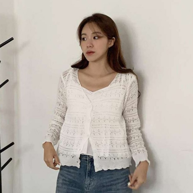 린다샵 여성용 로어나 스카시 펀칭 레이스 브이넥 니트 가디건 cpcd3501k54