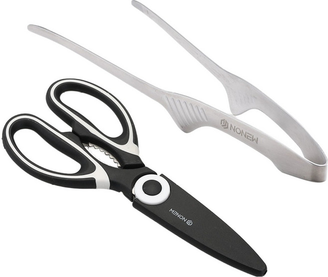 노뉴 캠핑주방 스테인리스 다용도 가위 + 핀셋형 요리집게 세트, 블랙 + 화이트(가위), 실버(요리집게), 1세트
