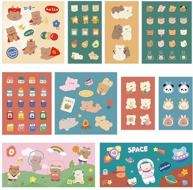 타이니 곰돌이 스티커 10종 세트, 혼합색상, 1세트