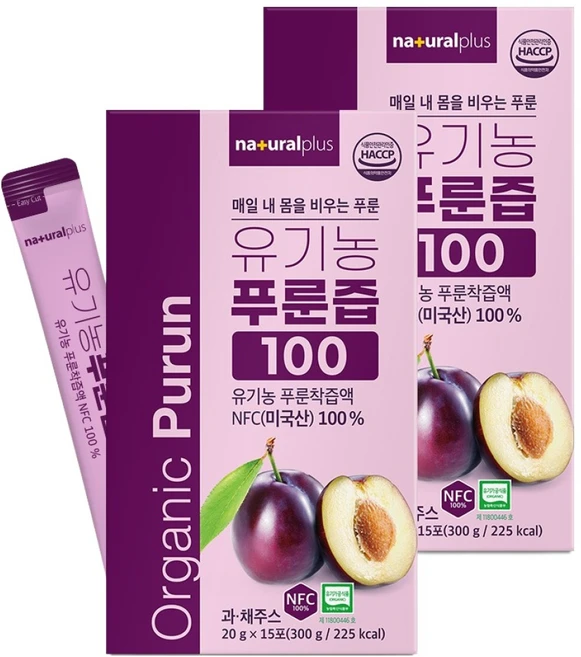 내츄럴플러스 유기농 푸룬즙 100 15p, 300g, 2개 - 쿠팡