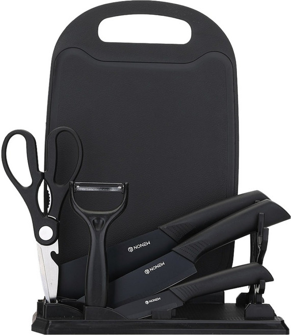 노뉴 캠핑주방 멀티 칼 7종 세트 블랙, 1세트, 칼 4종 + 가위 + 도마 + 칼 거치대