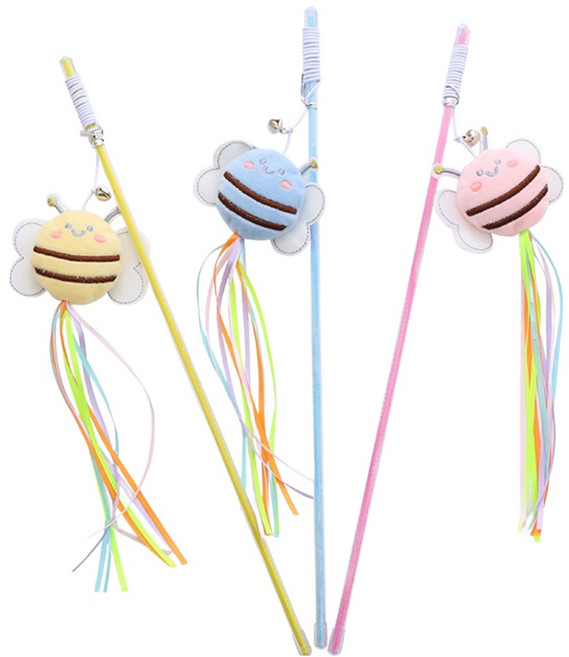 둥둥펫 고양이 롱테일 허니비 낚시대 장난감 3종 세트, 블루, 옐로우, 핑크, 1세트