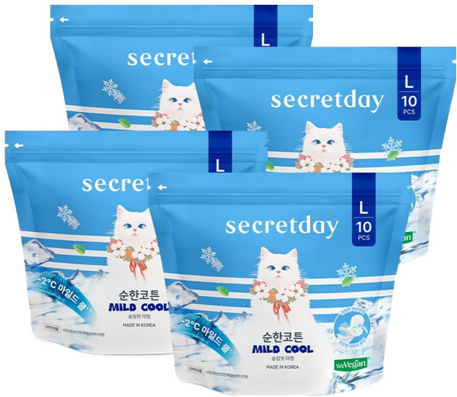 시크릿데이 순한코튼 마일드쿨 생리대 날개형, 대형, 10개입, 4세트