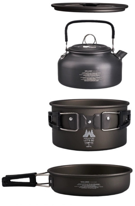 WellHike 玩客 輕野鍋3件組, 黑色, 水壺 + 鍋具 + 煎鍋, 1組